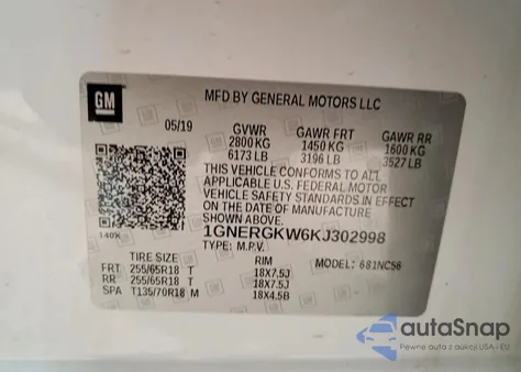 2019 Chevrolet Traverse Lt z USA, uszkodzony, nr VIN 1GNERGKW6KJ302998